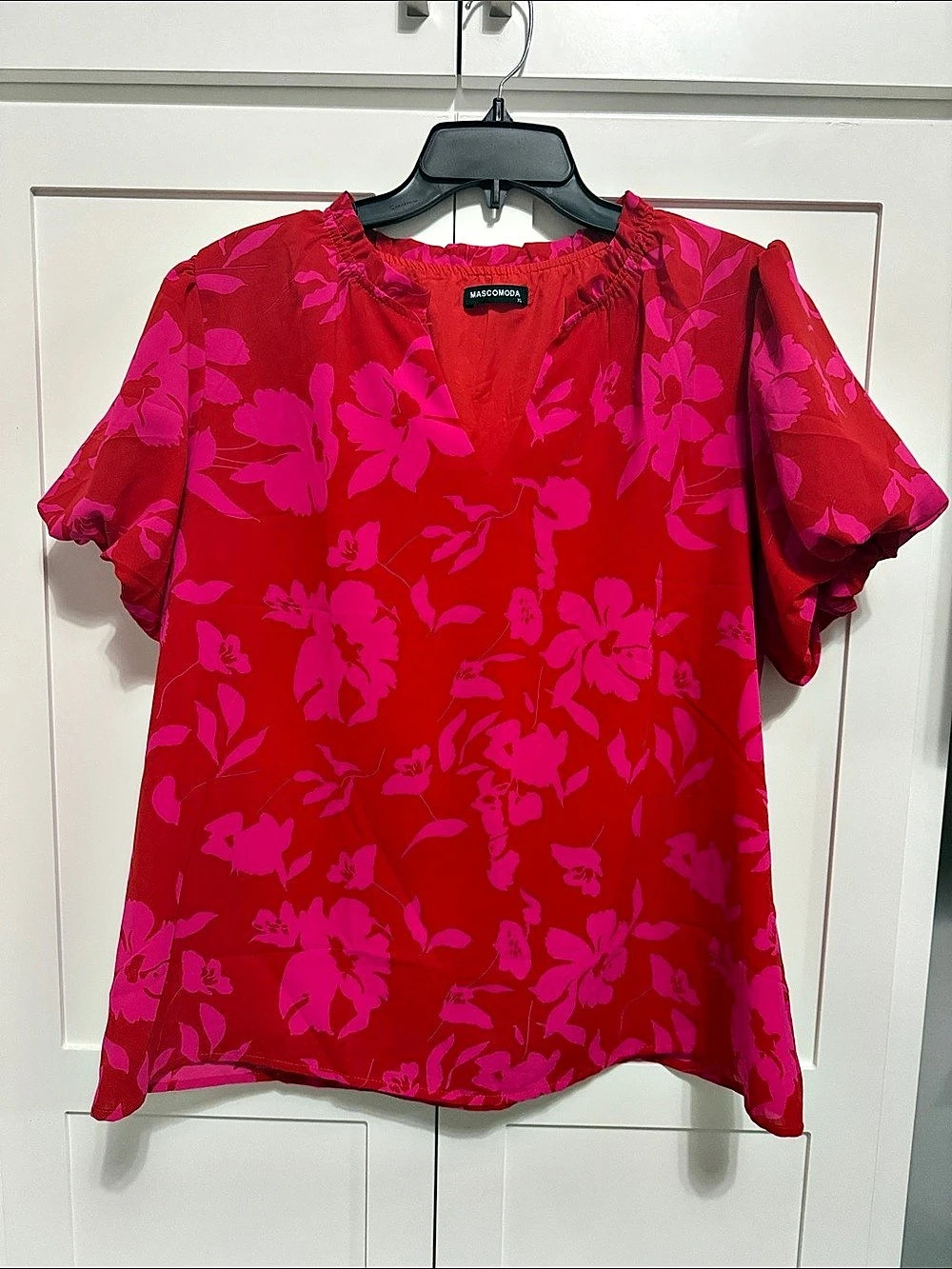 MASCOMODA Floral V-Neck Short Sleeve Blouse Pink & Red Size XI